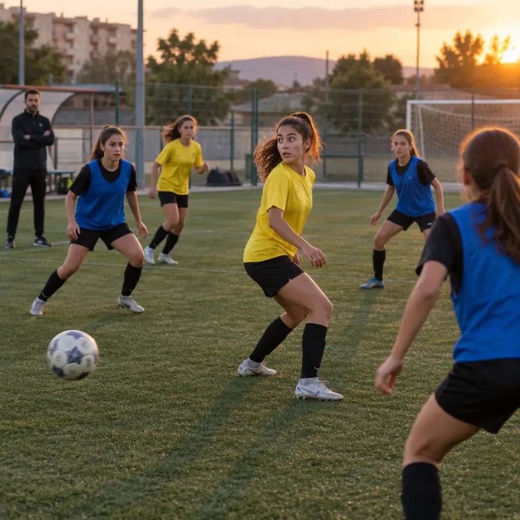 Jugadora juvenil observa el entorno antes de recibir un pase en entrenamiento de fútbol base